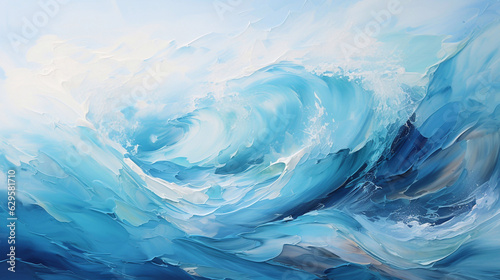 Abstract oil painting of the sea with large brush strokes in white and blue pastel colors. Wallpaper, background, texture.