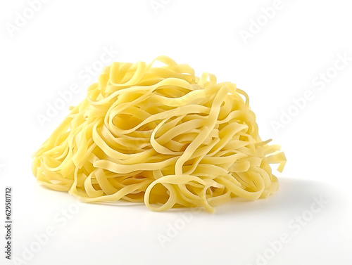 Linguine on a white plate with a spoon on a white background.