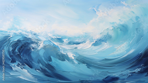 Abstract oil painting of the sea with large brush strokes in white and blue pastel colors. Wallpaper, background, texture. © Oksana Tryndiak