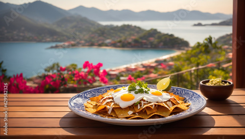 A visually stunning photograph of a Chilaquiles placed on a table with view of a town, serene ocean, and majestic mountains in Zihuatanejo.