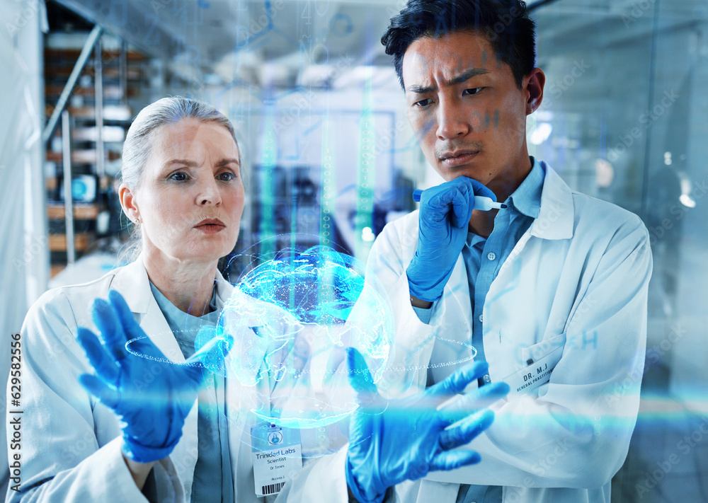 Medical science, team and thinking with overlay of data hologram, information and brainstorming innovation. Scientist ideas, man and woman with holographic info, study results or problem solving. Medical science, team and thinking with overlay of data hologram, information and brainstorming innovation. Scientist ideas, man and woman with holographic info, study results or problem solving.