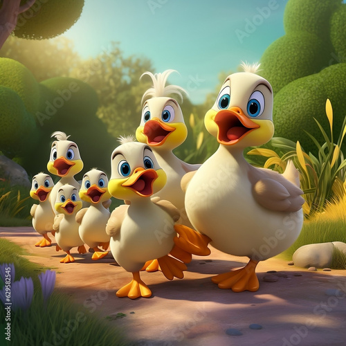 3d animated cute family of ducks waling through woods © Antoinette