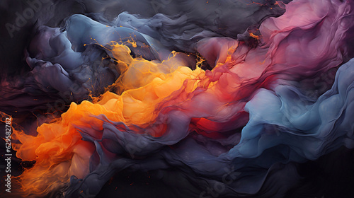 Abstract oil painting of paint splashes in black, blue, pink, red, and orange colors. Wallpaper, background, texture.