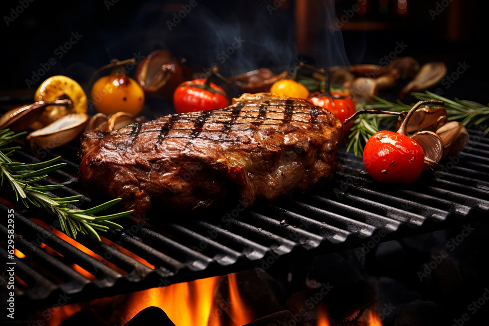 Grilled steak with vegetables. Generative AI Grilled steak with vegetables. Generative AI