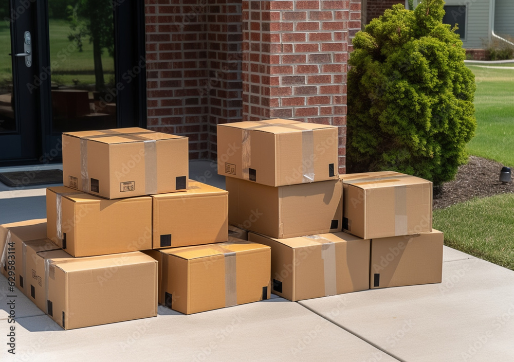 Parcels at door of an american house. Delivery service of Online Ordering. Generative AI. Parcels at door of an american house. Delivery service of Online Ordering. Generative AI.