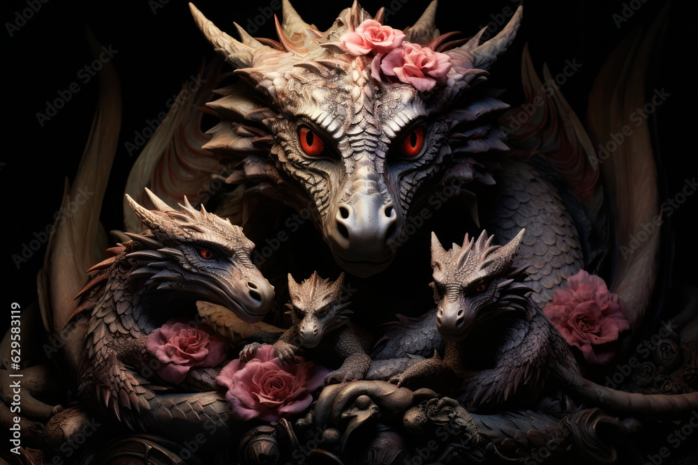 Mother dragon with her children. Generative AI Mother dragon with her children. Generative AI