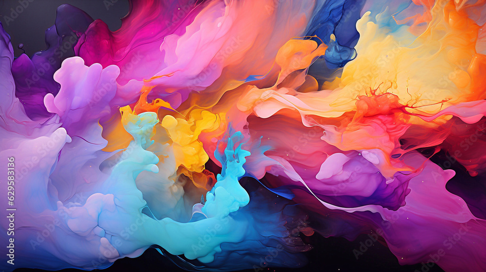 Abstract oil painting of paint splashes in black, blue, cyan, purple, pink, orange, and red colors. Wallpaper, background, texture.