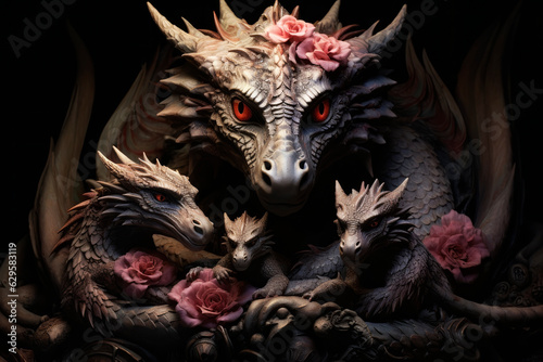 Mother dragon with her children. Generative AI © Artsiom P