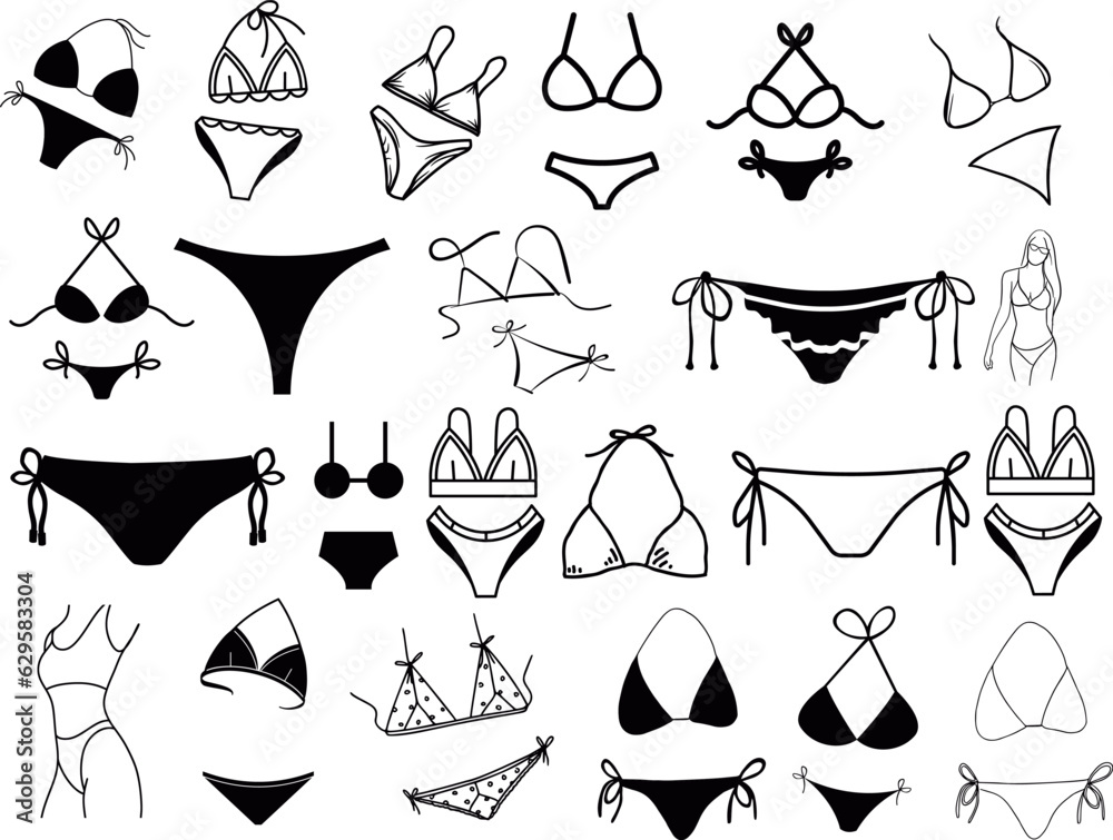 Celebrate National Bikini Day with this icon set of swimsuits in various styles and patterns