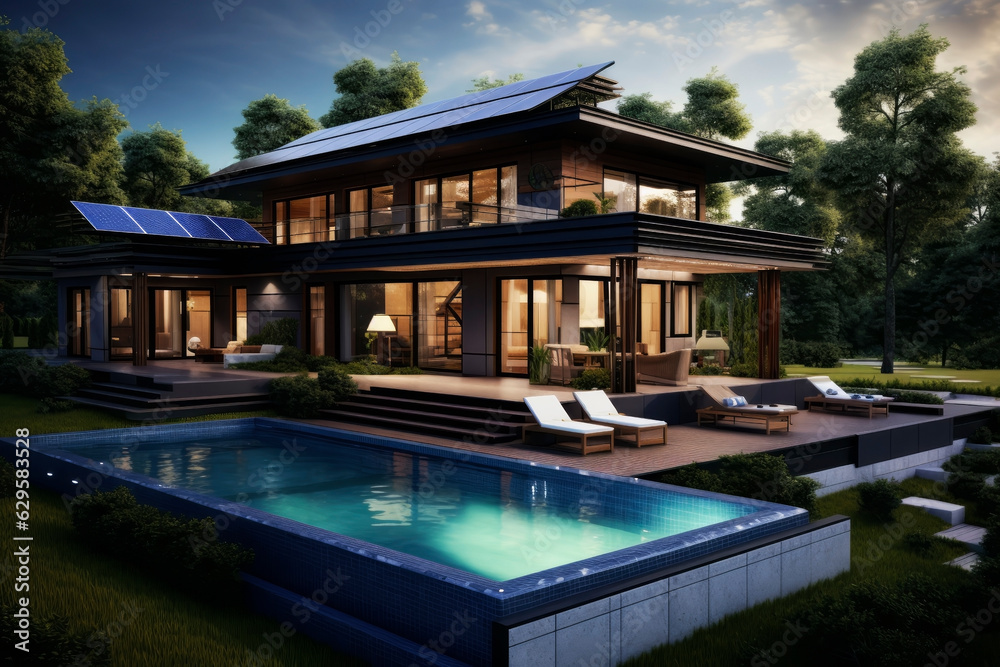Fototapeta premium Modern house with solar panels. Generative AI