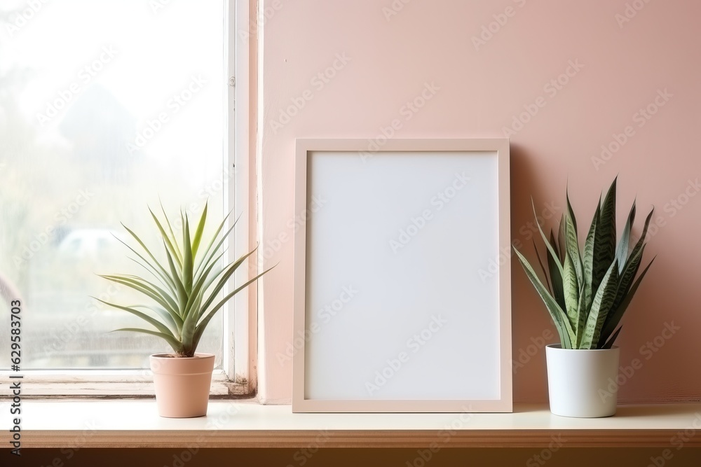 Home interior poster mock up with wooden frame and plant on light pink wall background. Modern home decor. Ready to use template