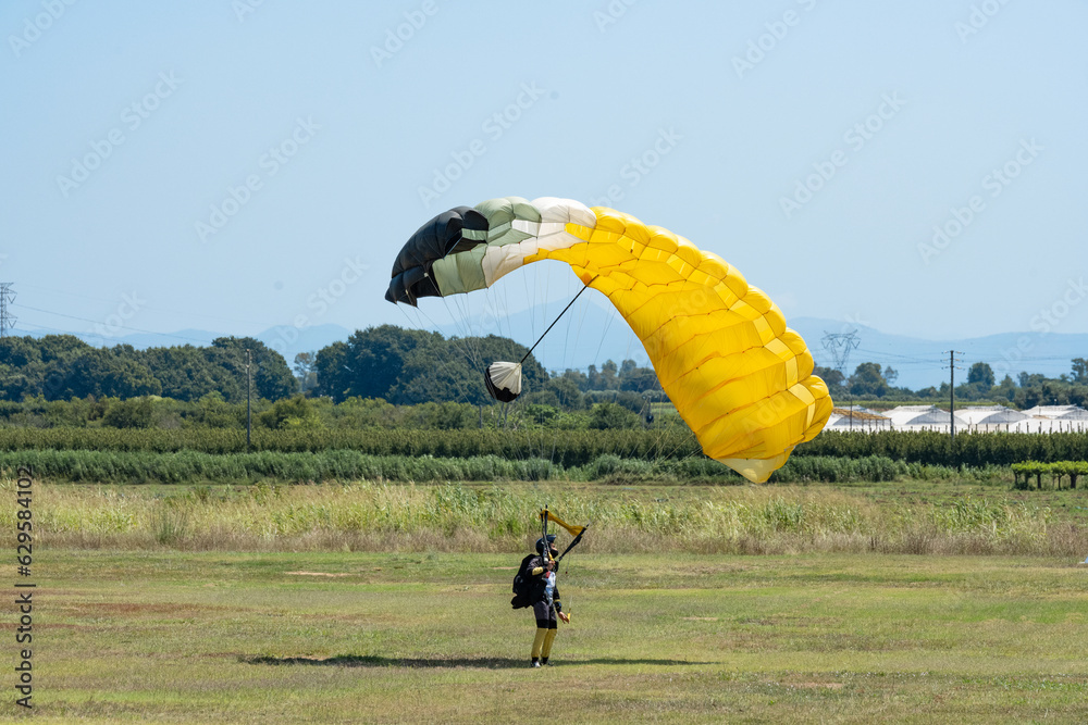 Stunning view of a skydiver with a yellow parachute landing on a green lawn during a sunny day.