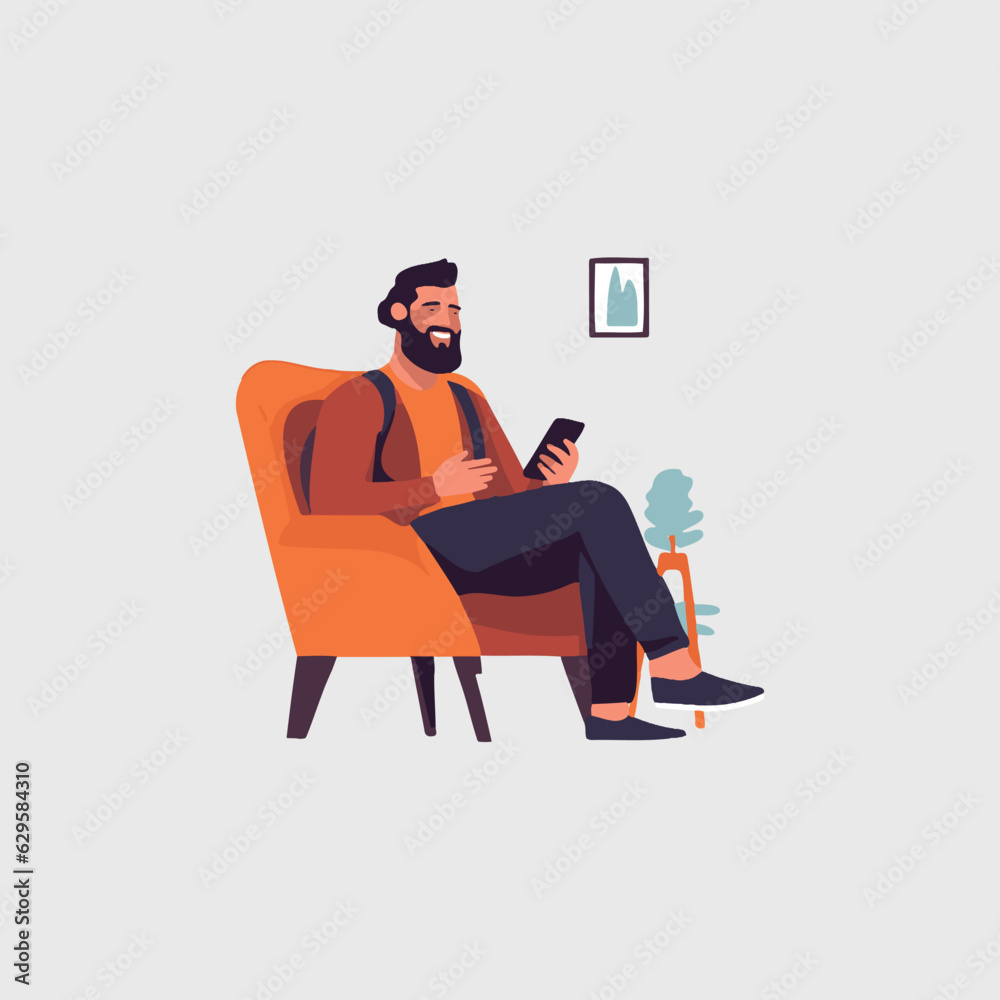 happy man sitting on sofa playing with cell phone
