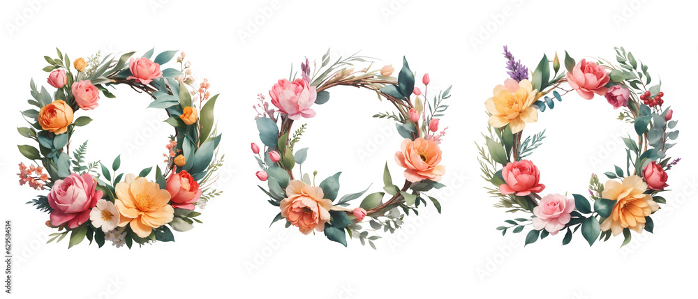 collection of floral wreath in 3D Render style isolated on transparent background for wedding, greeting card decoration and graphic design