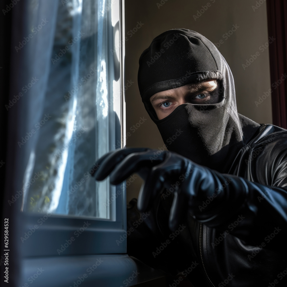 Masked thief .burglar or thief breaking into a home at night.Thief Masked thief .burglar or thief breaking into a home at night.Thief