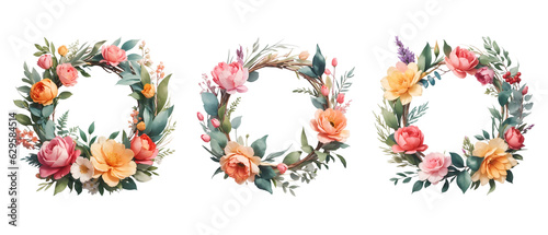 collection of floral wreath in 3D Render style isolated on transparent background for wedding  greeting card decoration and graphic design