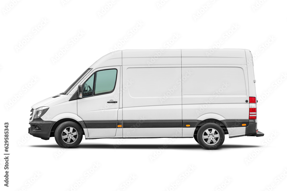 Delivery van side view isolated. Side view of a modern cargo short-base minibus. Transparent PNG image.