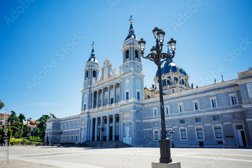 Almudena Cathedral and Plaza de la Armeria town square in Madrid