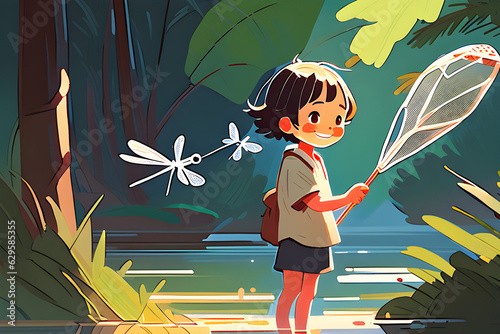 A child holding a dragonfly net by the river. Generative AI