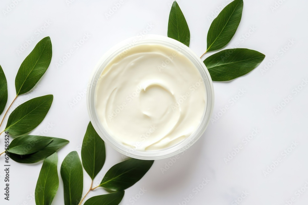Jar of moisturizer cream with herbal extract, organic natural ingredients cosmetics, top view. Jar of moisturizer cream with herbal extract, organic natural ingredients cosmetics, top view.