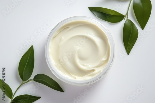 Green Beauty Essentials  Top View of Moisturizer Cream Jar with Herbal Extract
