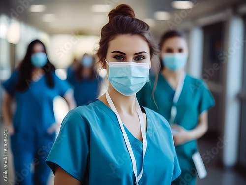 Portrait of a young nursing student standing with her team in hospital, dressed in scrubs, Doctor intern . High quality photo