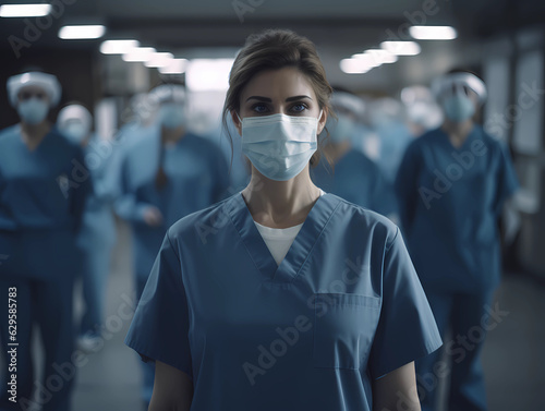 Portrait of a young nursing student standing with her team in hospital, dressed in scrubs, Doctor intern . High quality photo