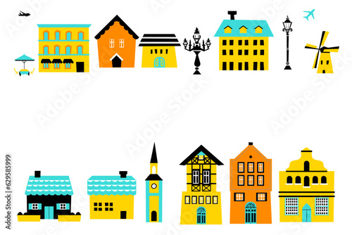 西洋風の建物、街並みのカラフルベクターイラスト素材セット