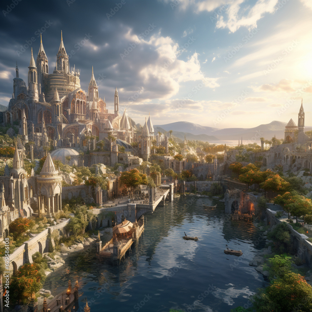 Fototapeta premium Stunning TCG Fantasy City Art: Dive into a meticulously crafted fantasy cityscape. Ideal for immersive gameplay, this design adds depth to any deck or game environment.