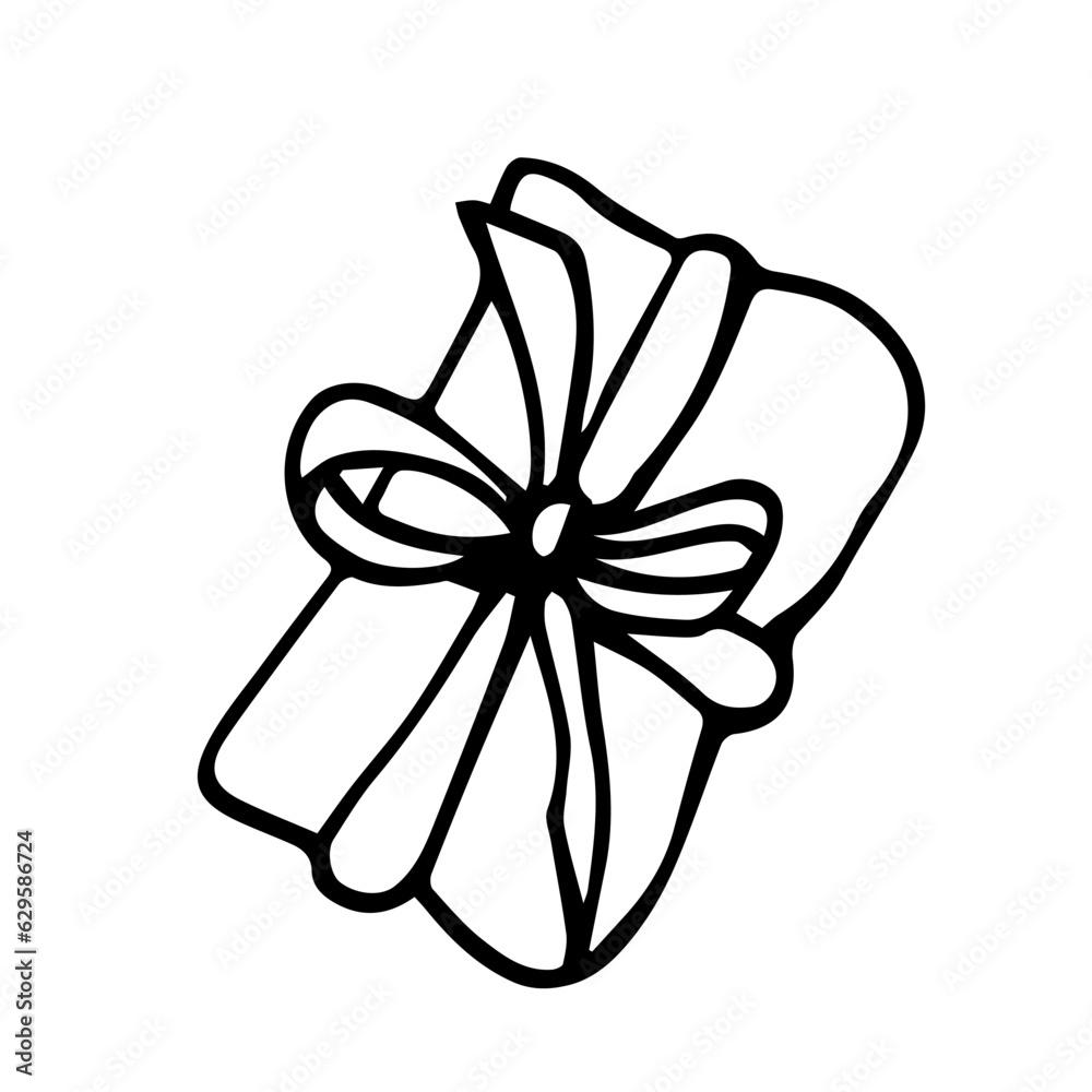A gift rewound with a ribbon with a bow and a twig of a Christmas tree. Line art, Doodle illustration of gift A gift rewound with a ribbon with a bow and a twig of a Christmas tree. Line art, Doodle illustration of gift