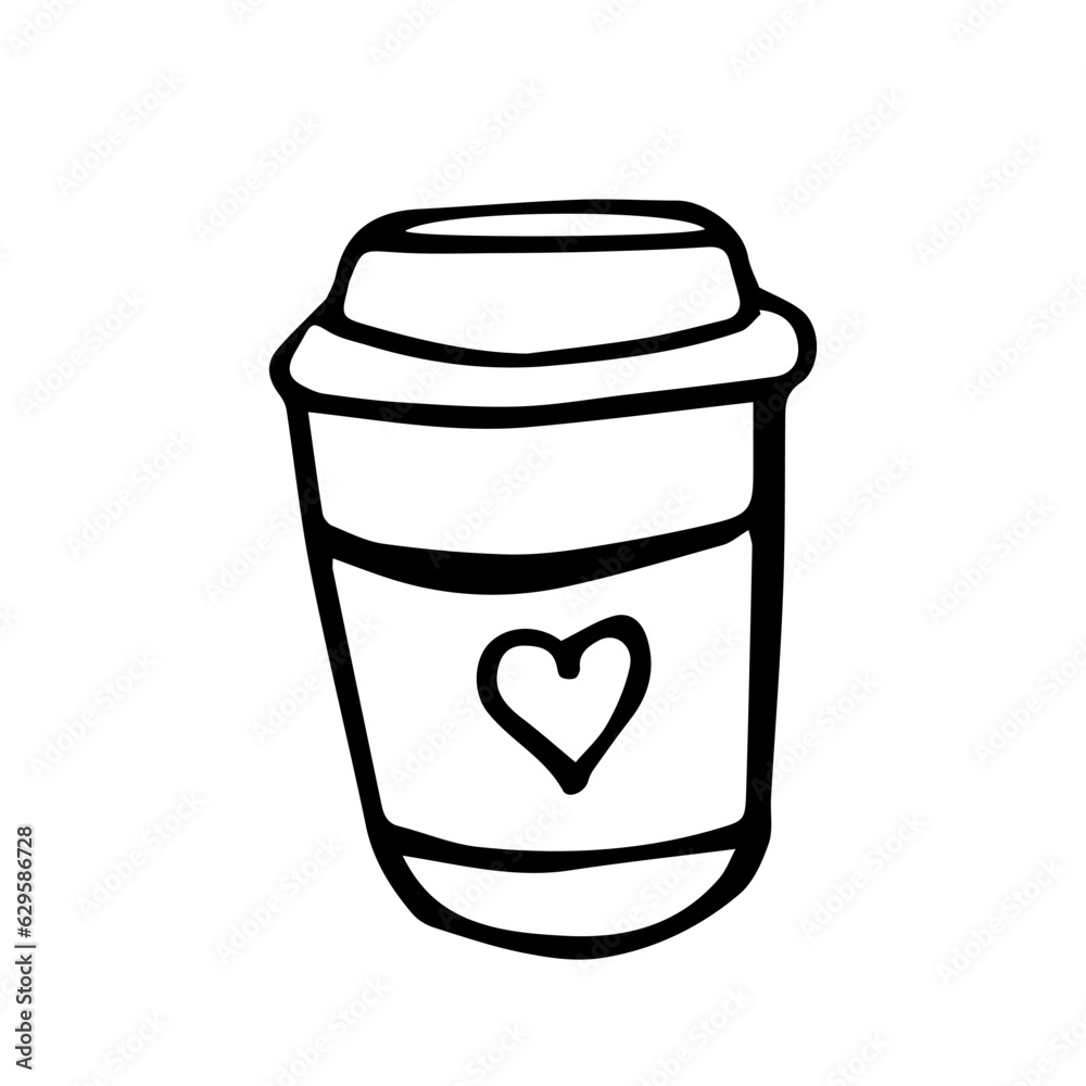 Cozy takeaway cup with coffee. Doodle drawn illustrations of a hot drink with a heart shaped pattern on the mug. Line art, hand drawn Cozy takeaway cup with coffee. Doodle drawn illustrations of a hot drink with a heart shaped pattern on the mug. Line art, hand drawn