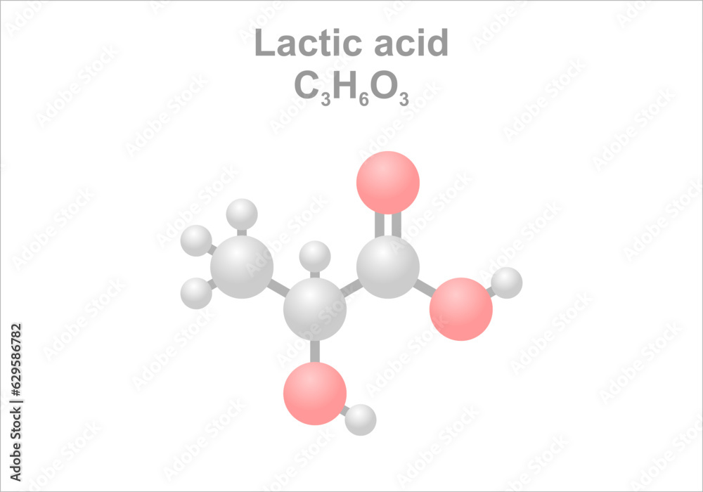 Lactic acid. Simplified scheme of the molecule. Found in sour milk products and use as food preservative. Lactic acid. Simplified scheme of the molecule. Found in sour milk products and use as food preservative.