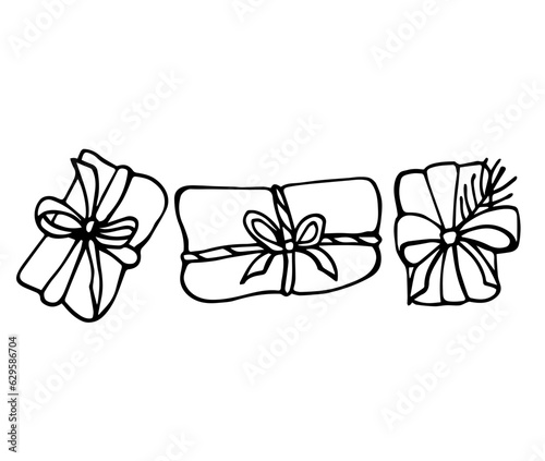 A set of hand drawn gifts for New Year, Christmas, birthday. Line art. Doodle illustrations of gifts