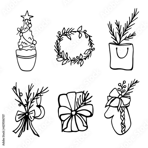 Christmas set with Christmas trees with fir twigs. Doodle illustration on the theme of the New Year. Line art