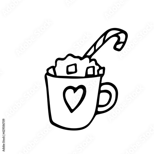 Cozy mug of coffee. Doodle illustrations of hot coffee with a heart pattern on a mug, lollipops and marshmallows. Line art, hand drawn