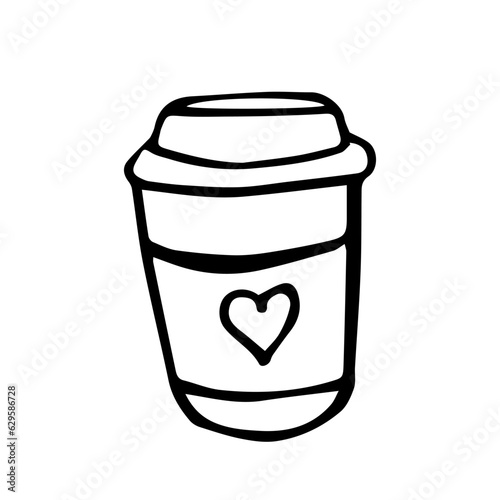 Cozy takeaway cup with coffee. Doodle drawn illustrations of a hot drink with a heart shaped pattern on the mug. Line art, hand drawn