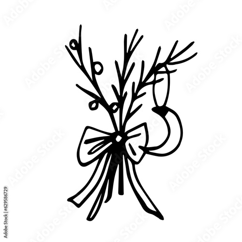 Christmas tree branches with a bow and doodle-style toys on a white background are isolated. Line art, hand drawn