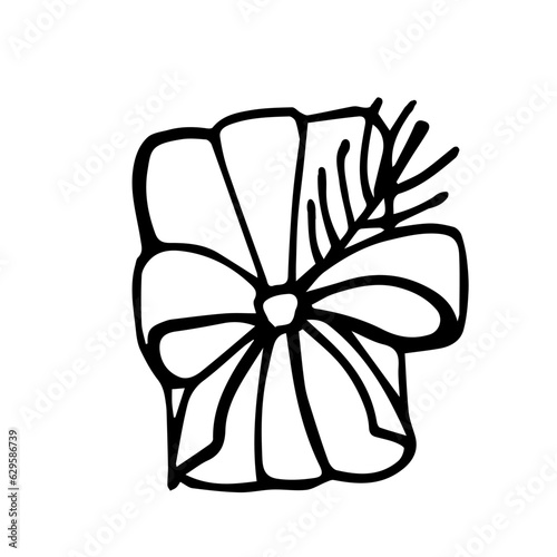 A gift rewound with a ribbon with a bow and a twig of a Christmas tree. Line art, Doodle illustration