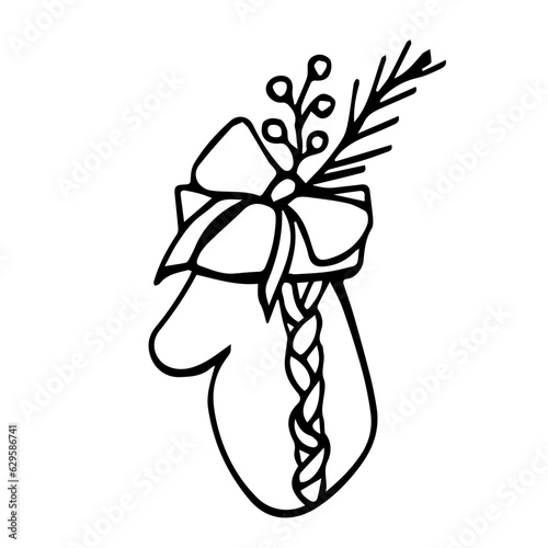 A Christmas glove with a bow and a Christmas tree twig. New Year's gift bag. Line art. Hand drawn
