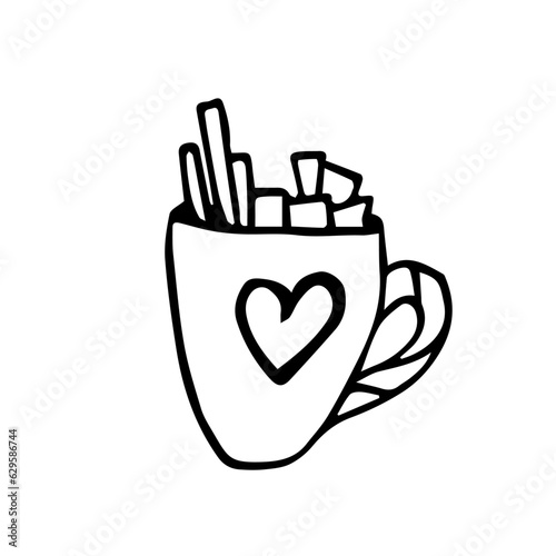 Cozy mug of cocoa. Doodle illustrations of hot chocolate with a heart pattern on a mug, lollipops and marshmallows. Line art, hand drawn