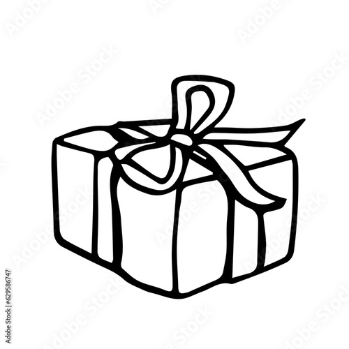 A gift rewound with a ribbon with a bow and a twig of a Christmas tree. Line art, Doodle illustration