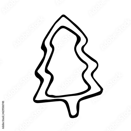A cookie in the shape of a Christmas tree in a doodle style on a white background is isolated. Line art. Hand drawn