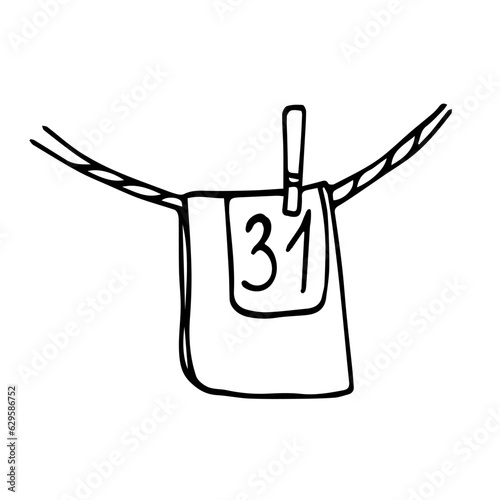 Doodle illustration of the advent calendar. The gift bag is hanging on a ribbon with a clothespin. December, 31st