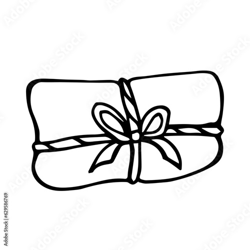 A gift rewound with a ribbon with a bow and a twig of a Christmas tree. Line art, Doodle illustration