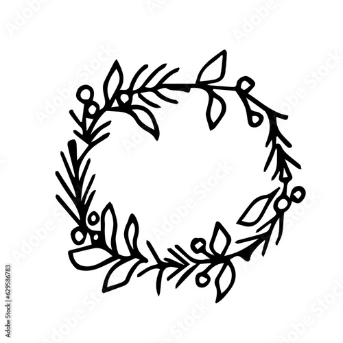 A Christmas wreath in muzzle style on a white background is isolated. New Year s wreath of Christmas tree branches  berries. Line art. Hand drawn