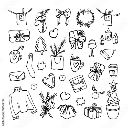 Doodle Christmas set.  New Year's collection of elements. Hand drawn illustration of Christmas. Line art