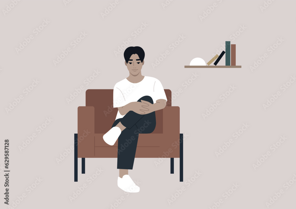 A young Asian character resting in a leather armchair, a relaxed confident pose with two hands holding a knee A young Asian character resting in a leather armchair, a relaxed confident pose with two hands holding a knee