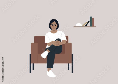 A young Caucasian character resting in a leather armchair, a relaxed confident pose with two hands holding a knee