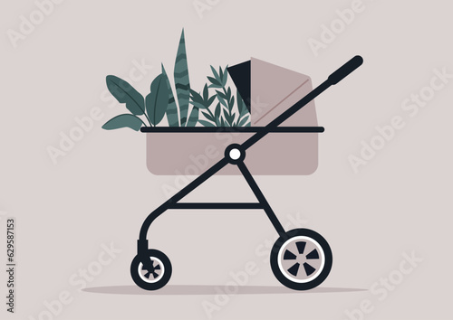 A modern plant mom concept, a baby carriage brimming with an assortment of house and garden plants