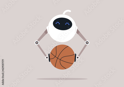 A charming, round-shaped robot engaging in a game of basketball, symbolizing the fusion of artificial intelligence with contemporary living